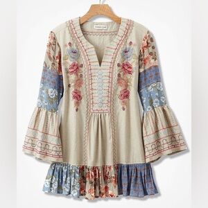 Coldwater Creek Cotton Linen Floral Embroidered Bell Top Boho Medium
